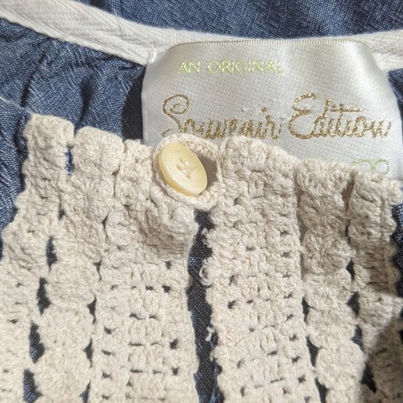 Original SOUVENIR EDITION by STACI WOO blue ivory fringe Bohemian Cotton Top S - Picture 10 of 10